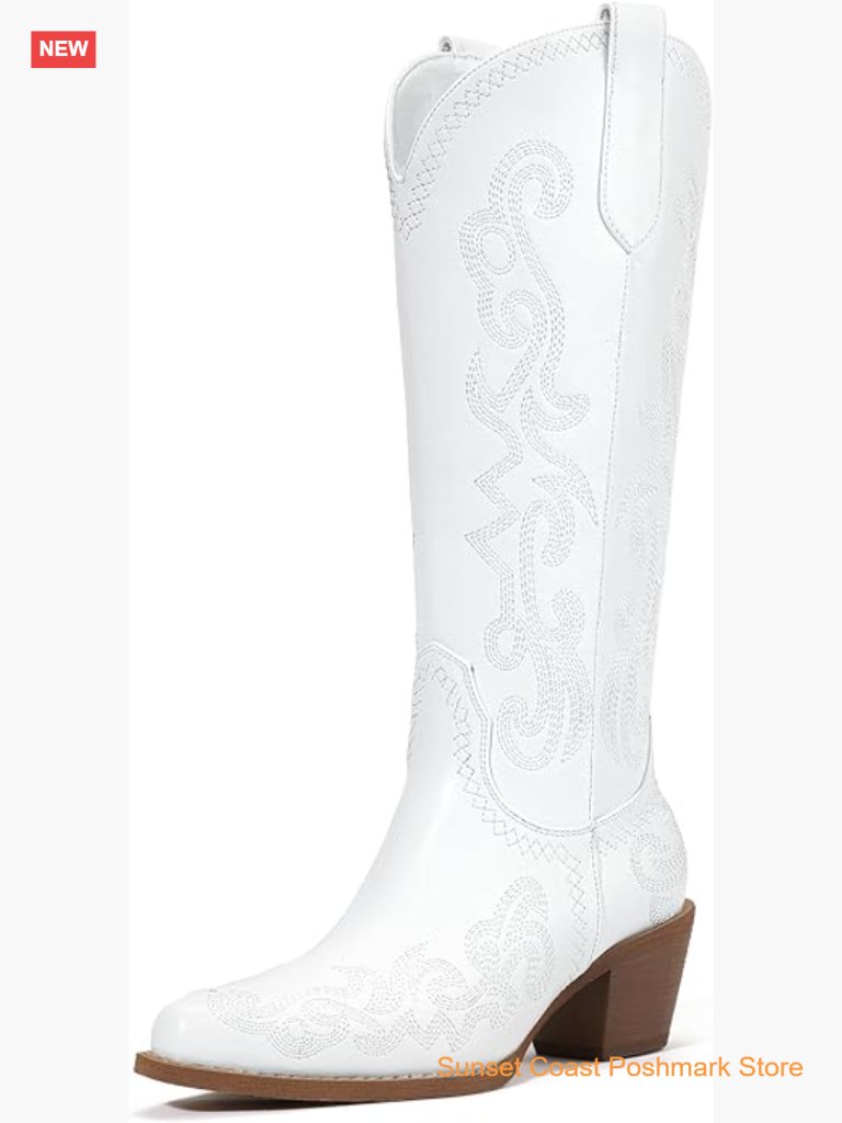 Women's Cowboy Boots Knee High Western Embroidered Pointed Toe Low Chunky Heel